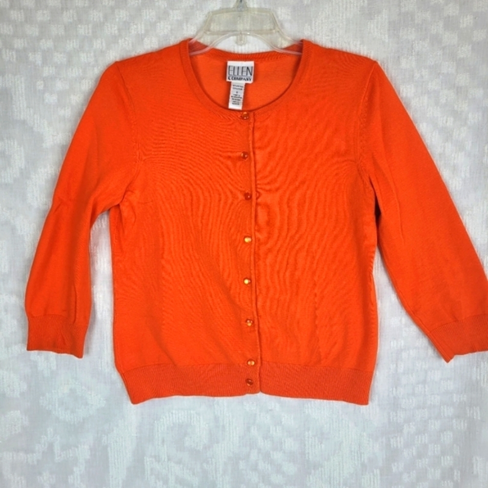 Ellen & Company crew neck cotton orange cardigan button front preppy academia S - Picture 2 of 10